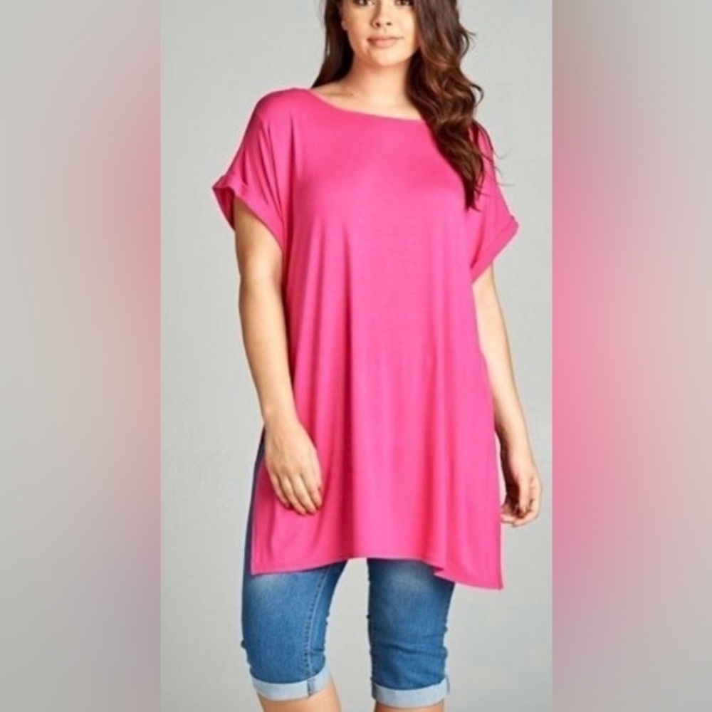New!Plus SizeTunic Top with High Rounded Neck, Short Tab Sleeves Sizes 1X 2X 3X - Picture 2 of 4